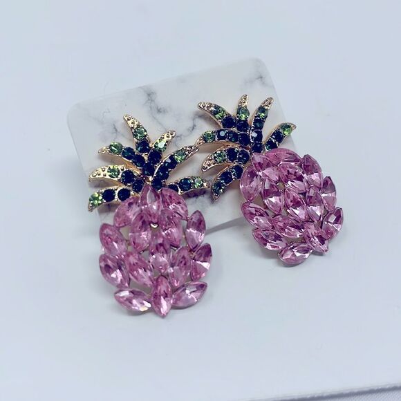 Pink Crystal Gem Pinaepple Studs Post Earrings - Picture 4 of 7